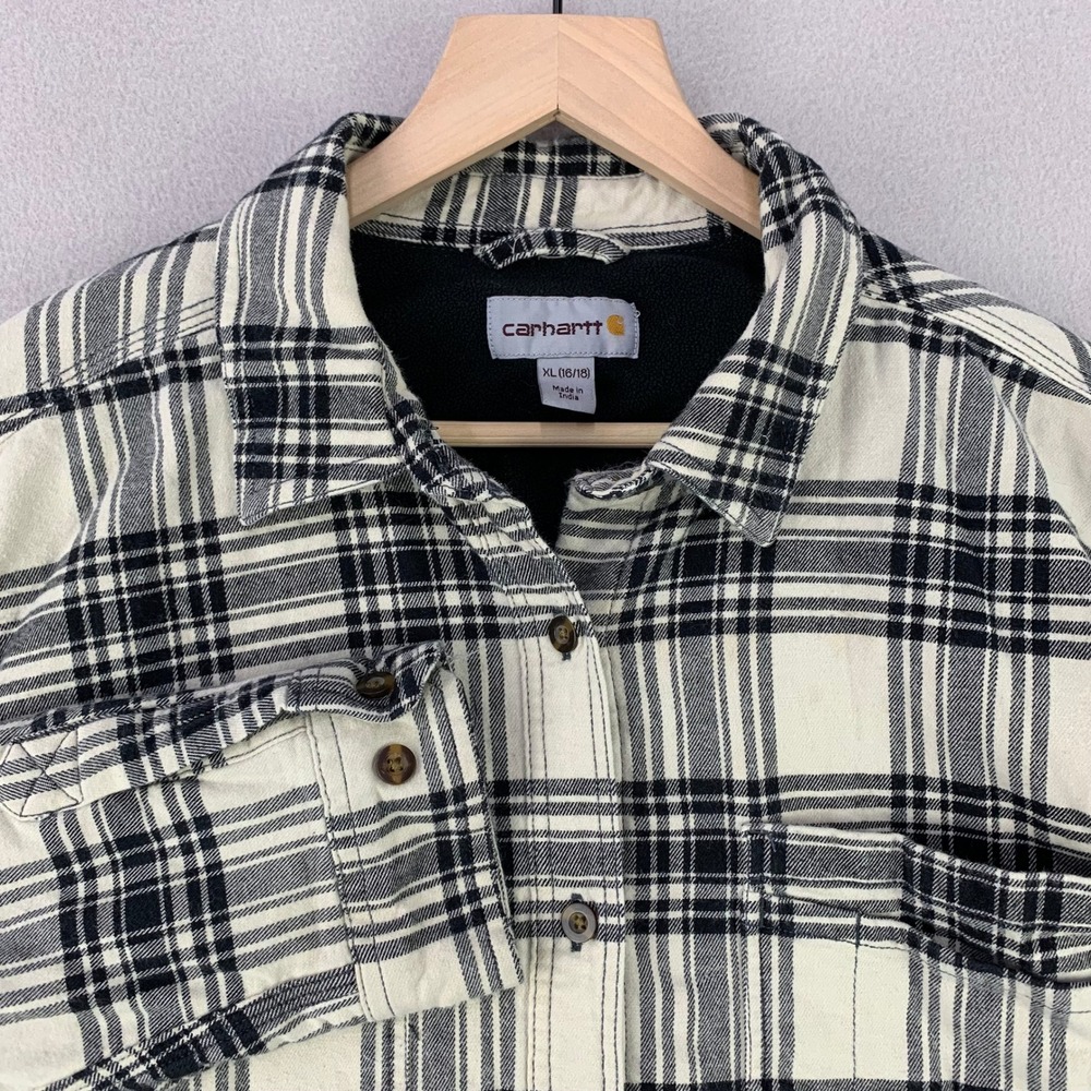 Carhartt Plaid Fleece Lined Shirt Jacket Womens XLWhite Black Casual Flannel